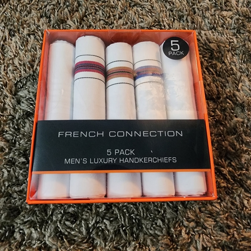 French Connection 5 Pack Luxury White Multicolor Cotton Blend Handkerchiefs NEW